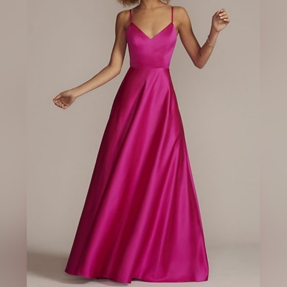 JULES AND CLEO DAVID'S BRIDAL Satin Spaghetti Strap A Line Dress Hot Pink Size 4 - Picture 13 of 15